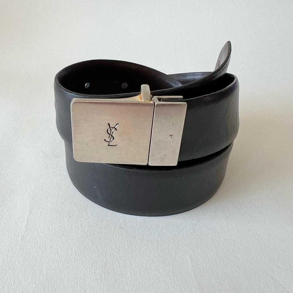 Yves Saint Laurent Belt Black Brown Reversible Silver Buckle